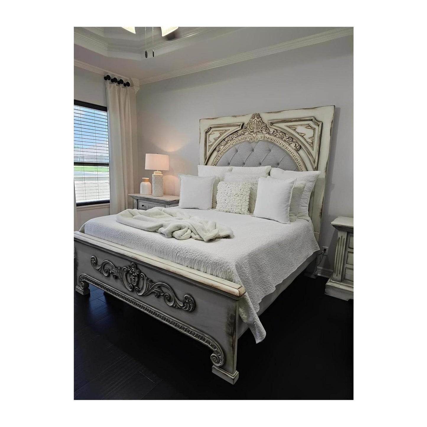 ALESSANDRA BEDROOM SET | 87" Tall | Rustic Distressed Finish | Waxed Off-White Wood | Includes Delivery and Assembly