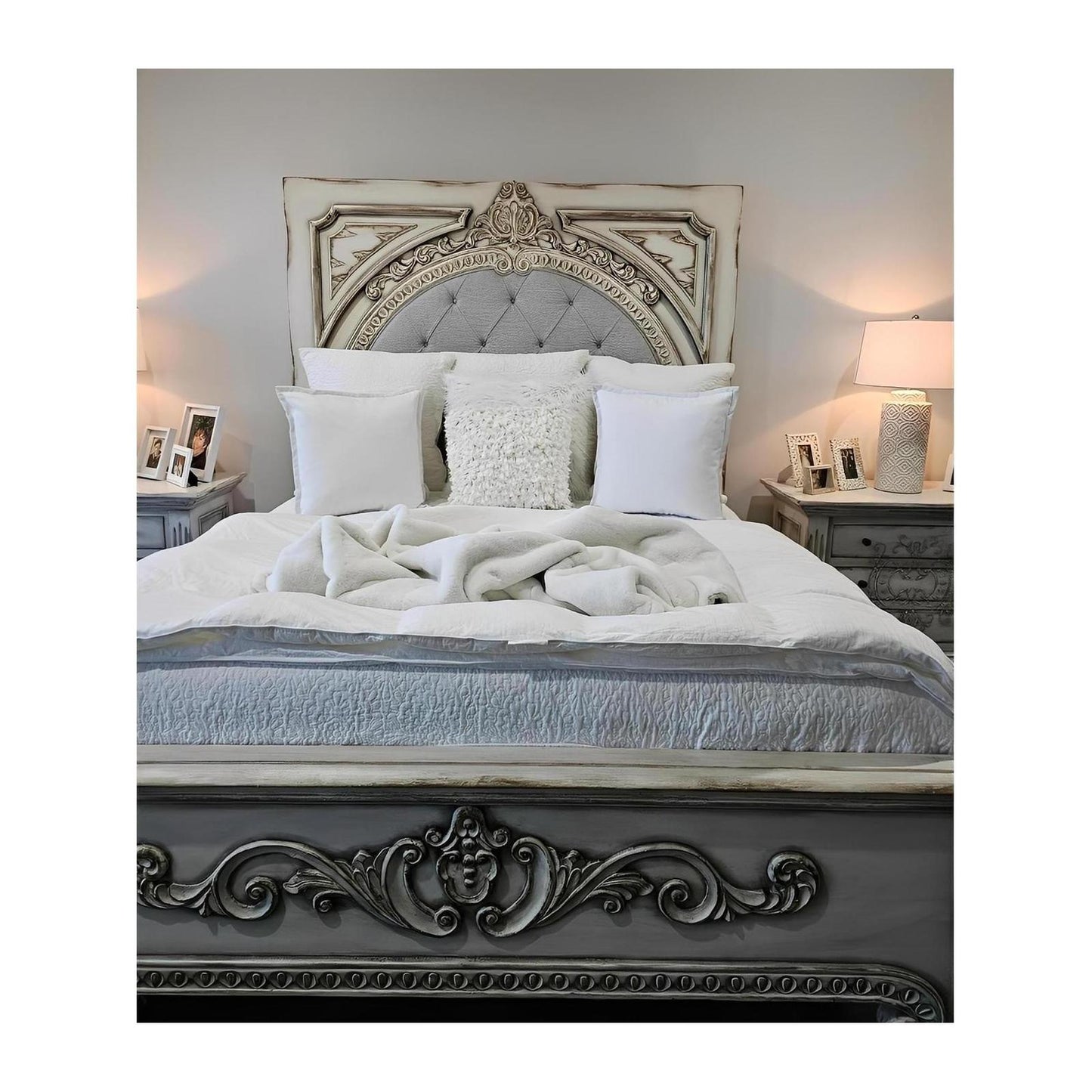 ALESSANDRA BEDROOM SET | 87" Tall | Rustic Distressed Finish | Waxed Off-White Wood | Includes Delivery and Assembly