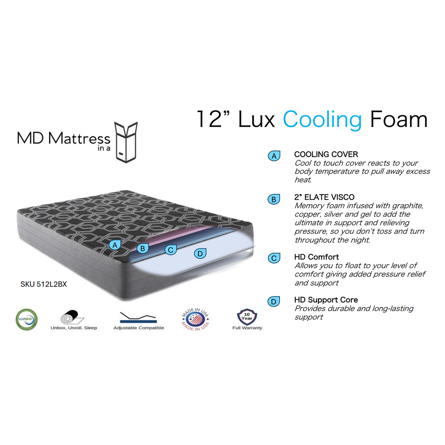 Foam Mattress in a Box Made in the USA | Black and Gray Cooling Mattress | 12-Inch Firm