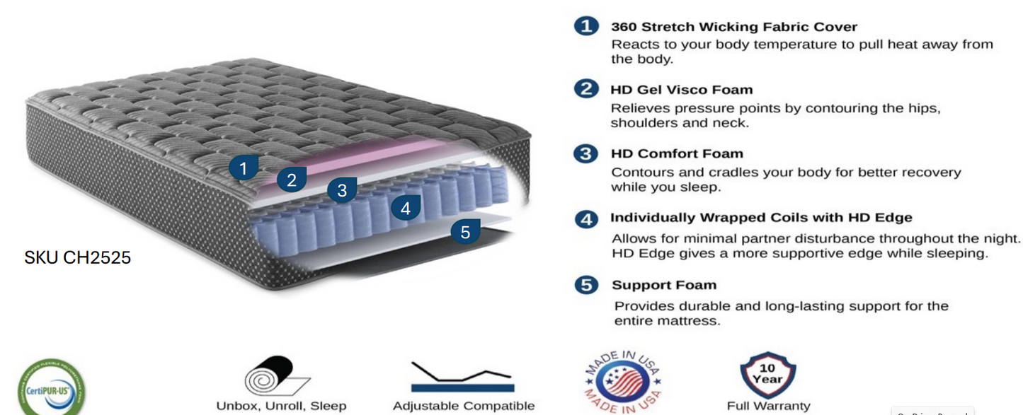 13-inch Firm Hybrid Mattress | 360 Stretch Wicking Fabric Cover | Adjustable Base Compatible | Made in the USA