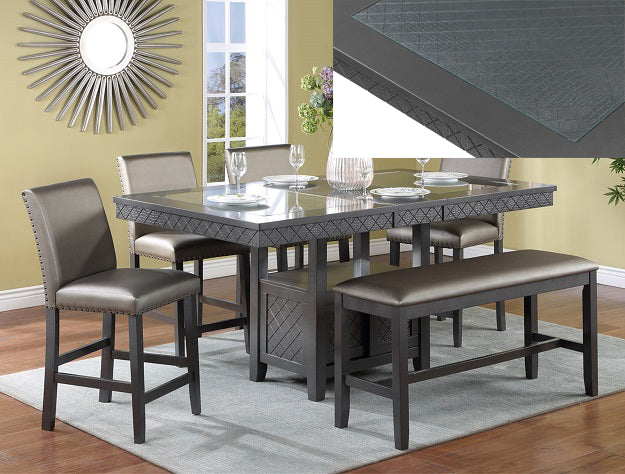 Benjamin Counter Height Table, 4) Chairs & 1) Bench; Gunmetal Gray; Lazy Susan