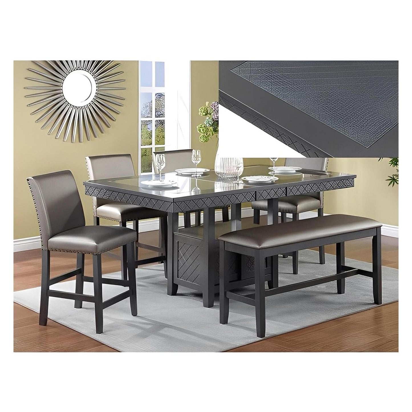 Benjamin Counter Height Table, 4) Chairs & 1) Bench; Gunmetal Gray; Lazy Susan