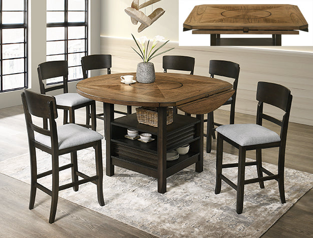 Oliver Counter Height Table & 4) Chairs; Lazy Susan; 4) drop-leaves; Brown