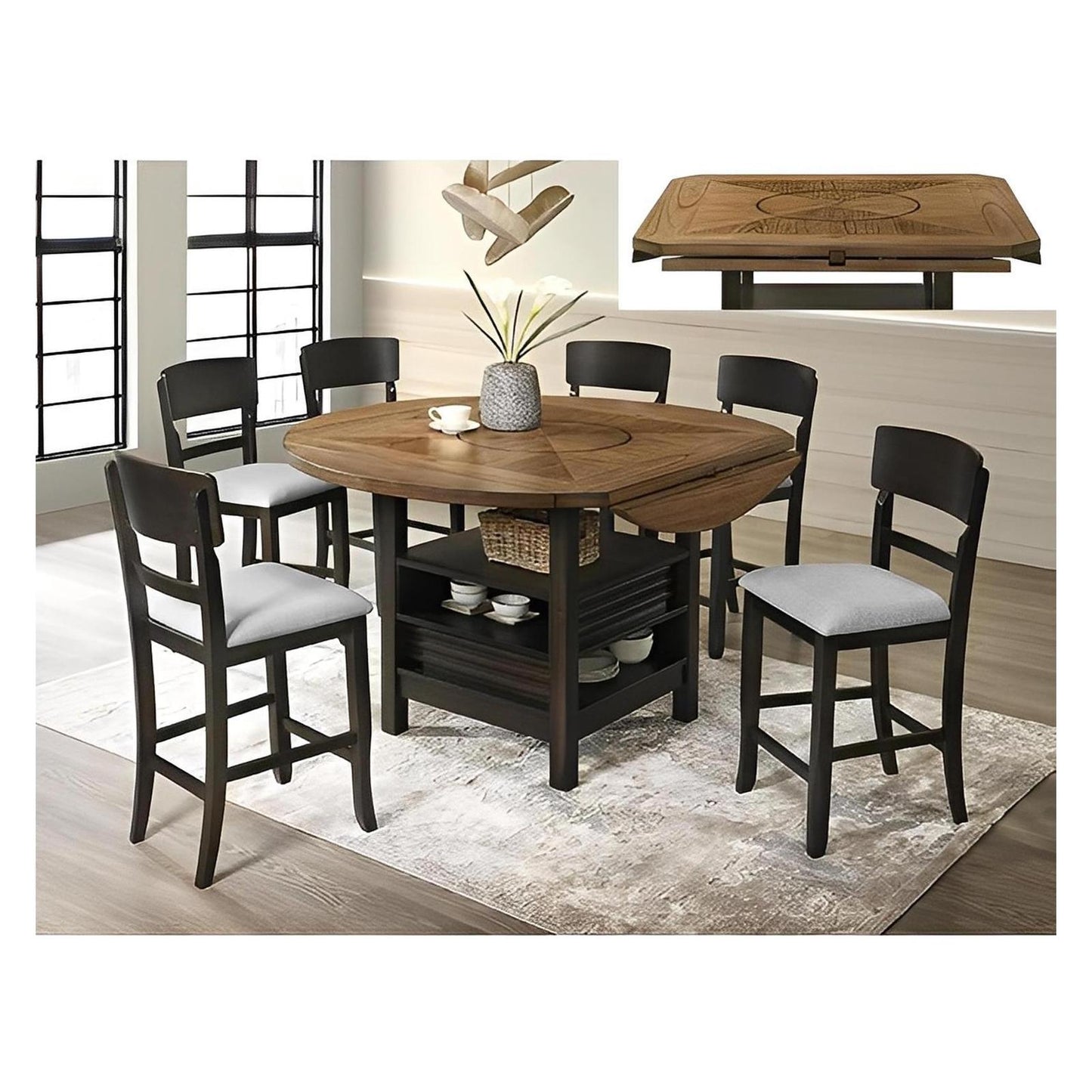 Oliver Counter Height Table & 4) Chairs; Lazy Susan; 4) drop-leaves; Brown