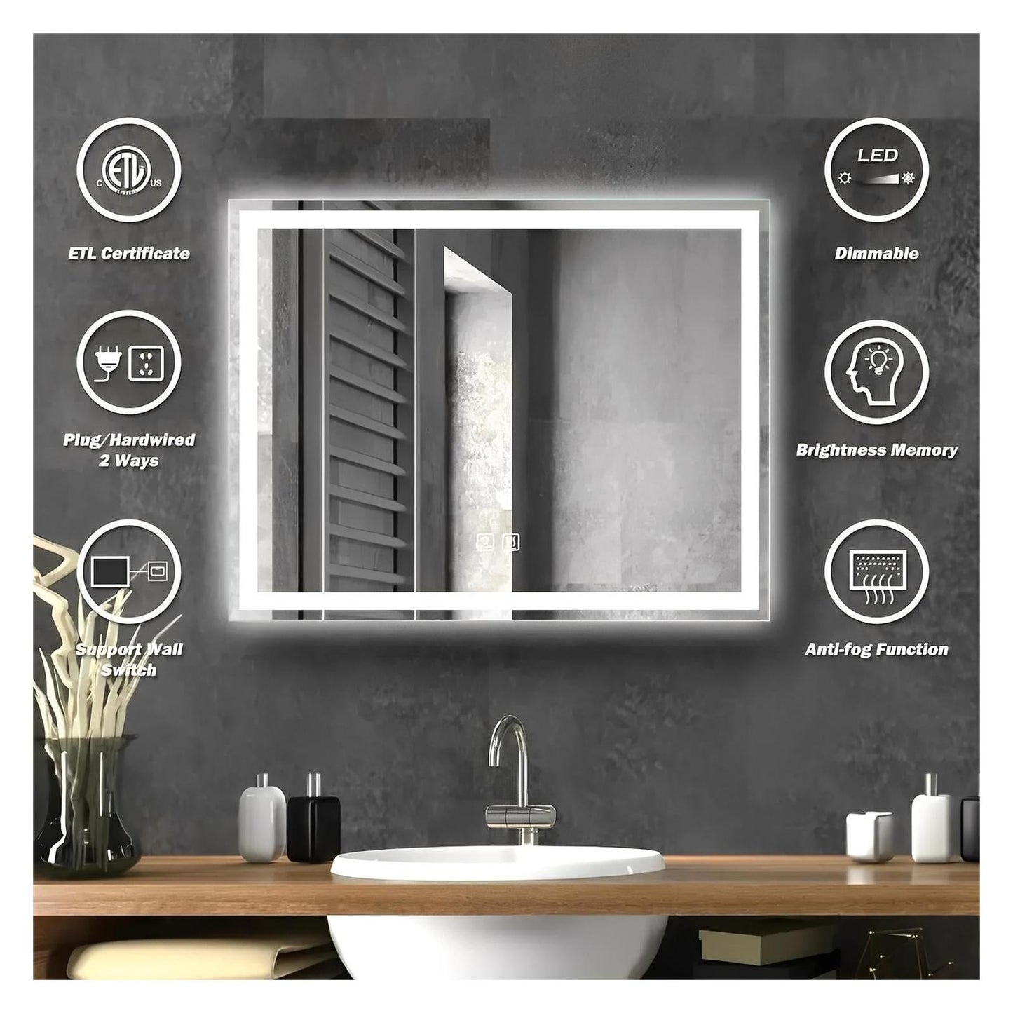Center Glow LED Bathroom Mirror - 20 x 28 - Adjustable Brightness and Color Temperature - Anti-Fog