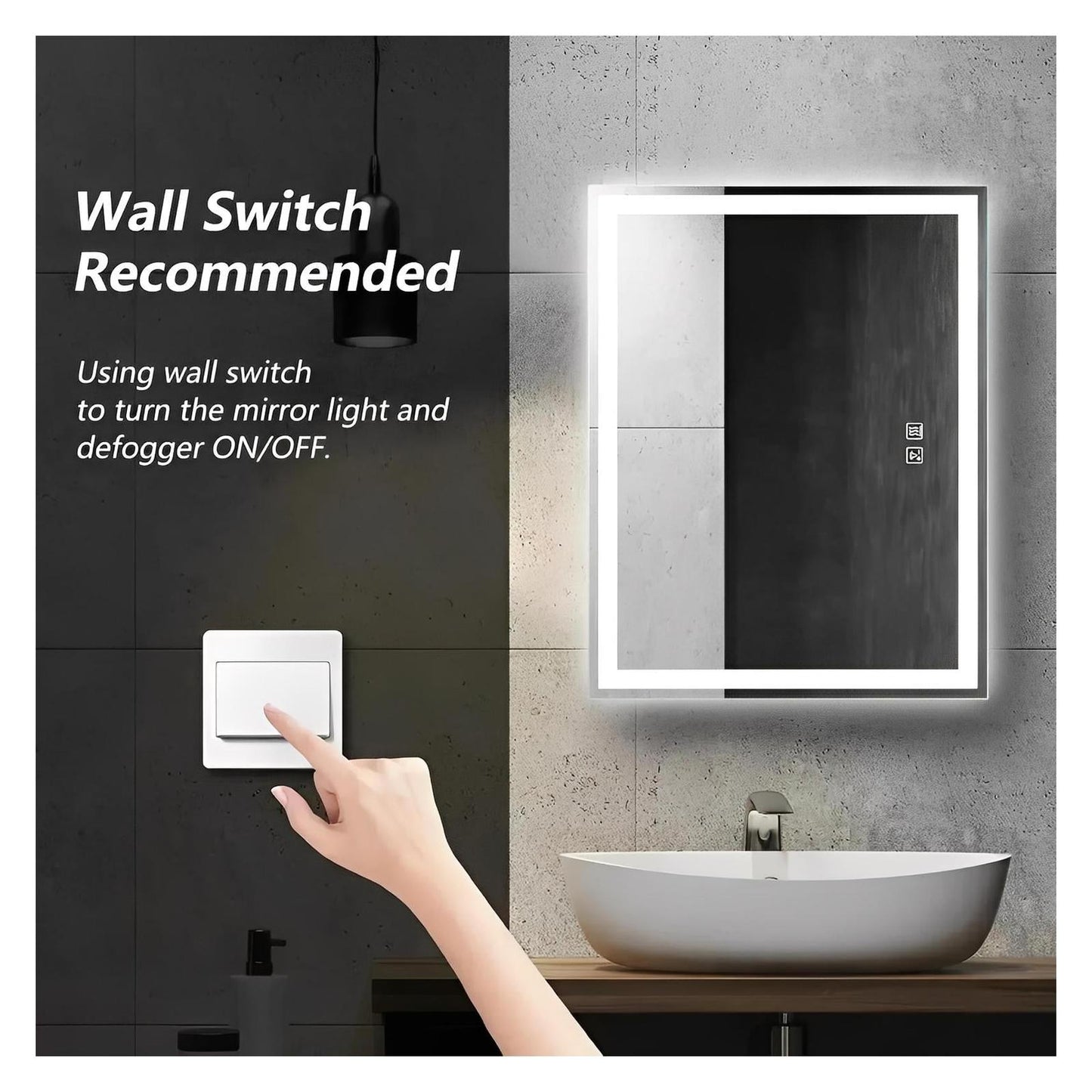 Center Glow LED Bathroom Mirror - Rectangle 36 x 28 inches - Adjustable Brightness and Color Temperature - Anti-Fog