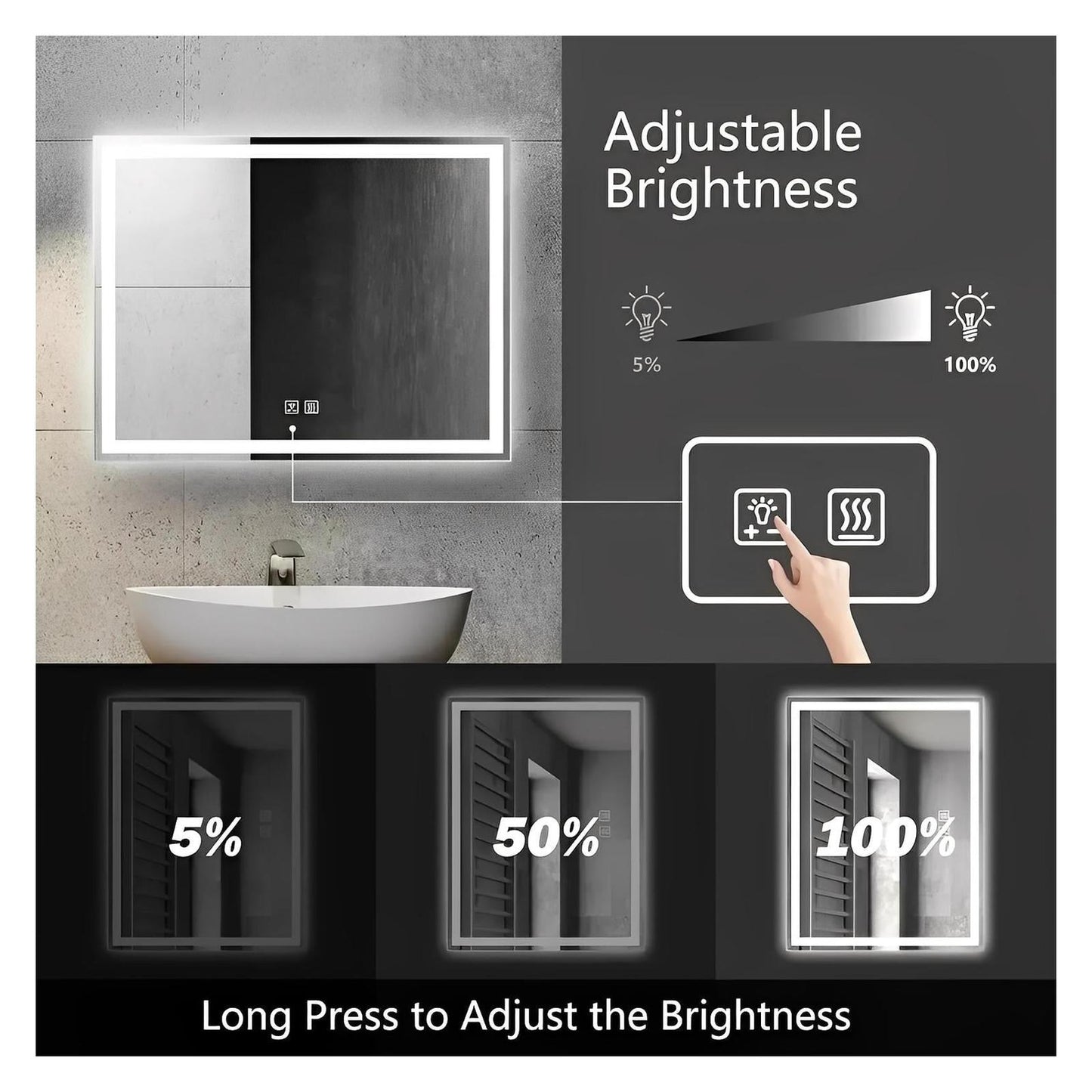 Center Glow LED Bathroom Mirror - 36 x 24 - Adjustable Brightness and Color Temperature - Anti-Fog