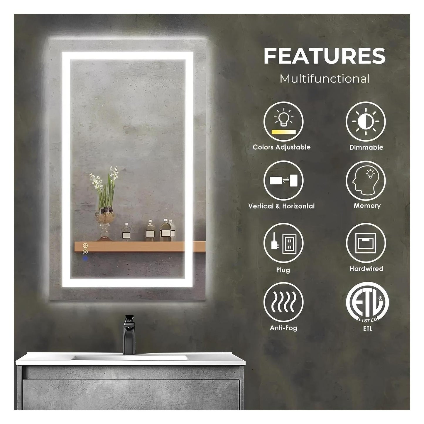Center Glow LED Bathroom Mirror - 20 x 28 - Adjustable Brightness and Color Temperature - Anti-Fog