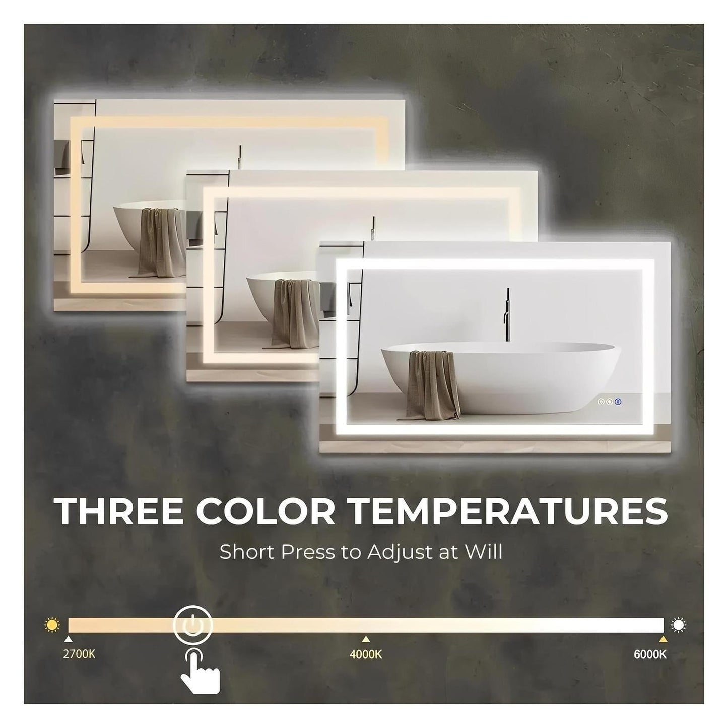 Center Glow LED Bathroom Mirror - Rectangle 36 x 28 inches - Adjustable Brightness and Color Temperature - Anti-Fog