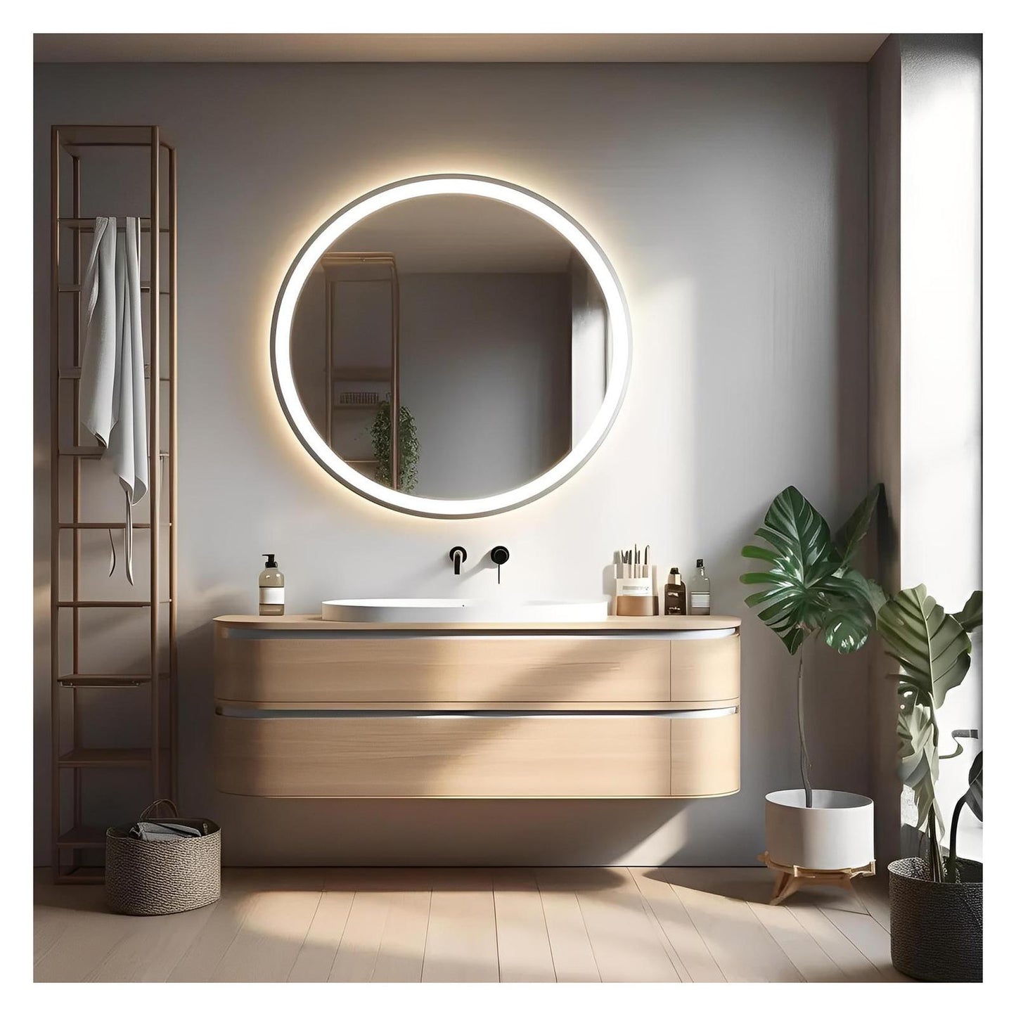 Framed Round LED Bathroom Vanity Mirror - Adjustable Brightness and Color Temperature - Anti-Fog