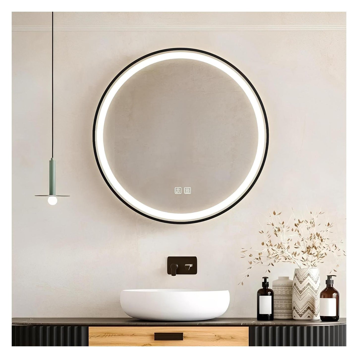 Framed Round LED Bathroom Vanity Mirror - Adjustable Brightness and Color Temperature - Anti-Fog
