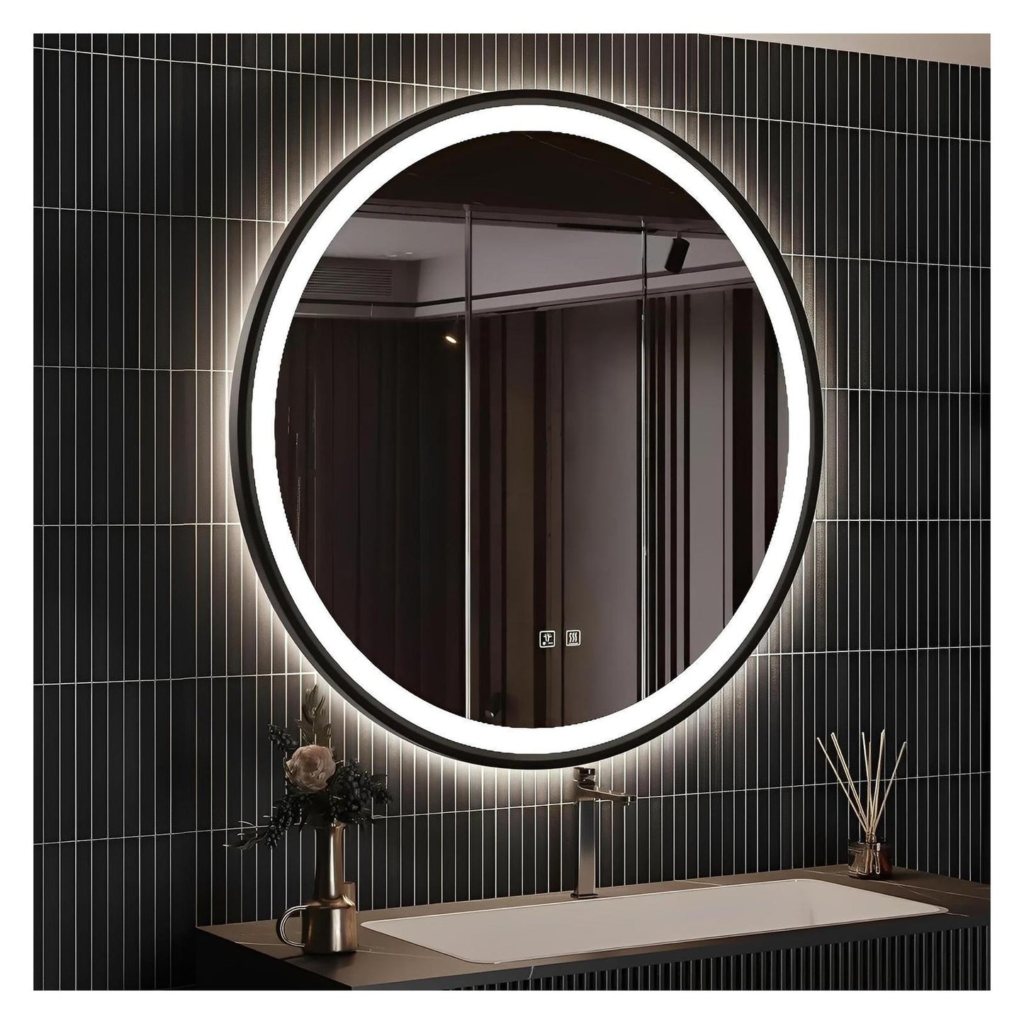 Framed Round LED Bathroom Vanity Mirror - Adjustable Brightness and Color Temperature - Anti-Fog