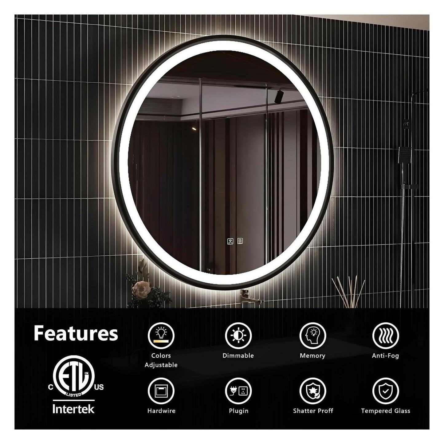 Framed Round LED Bathroom Vanity Mirror - Adjustable Brightness and Color Temperature - Anti-Fog