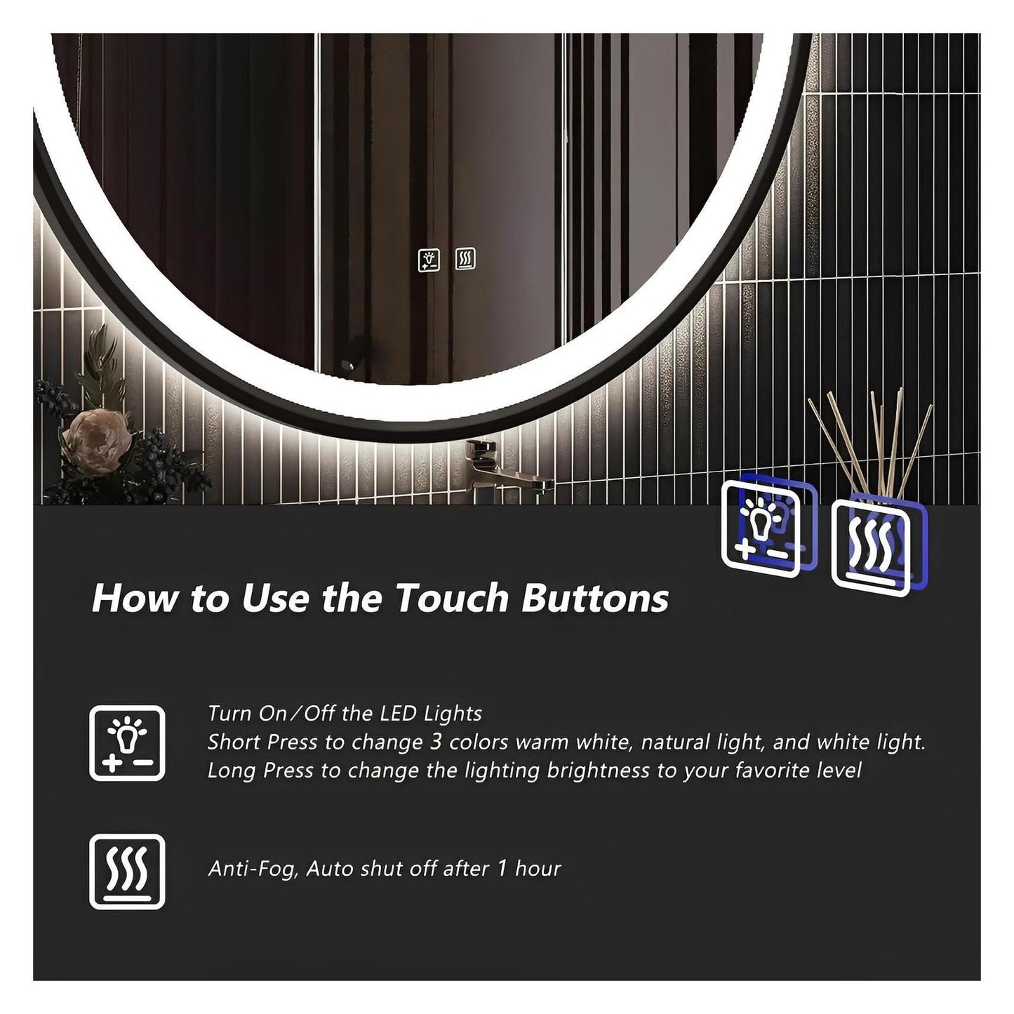 Framed Round LED Bathroom Vanity Mirror - Adjustable Brightness and Color Temperature - Anti-Fog