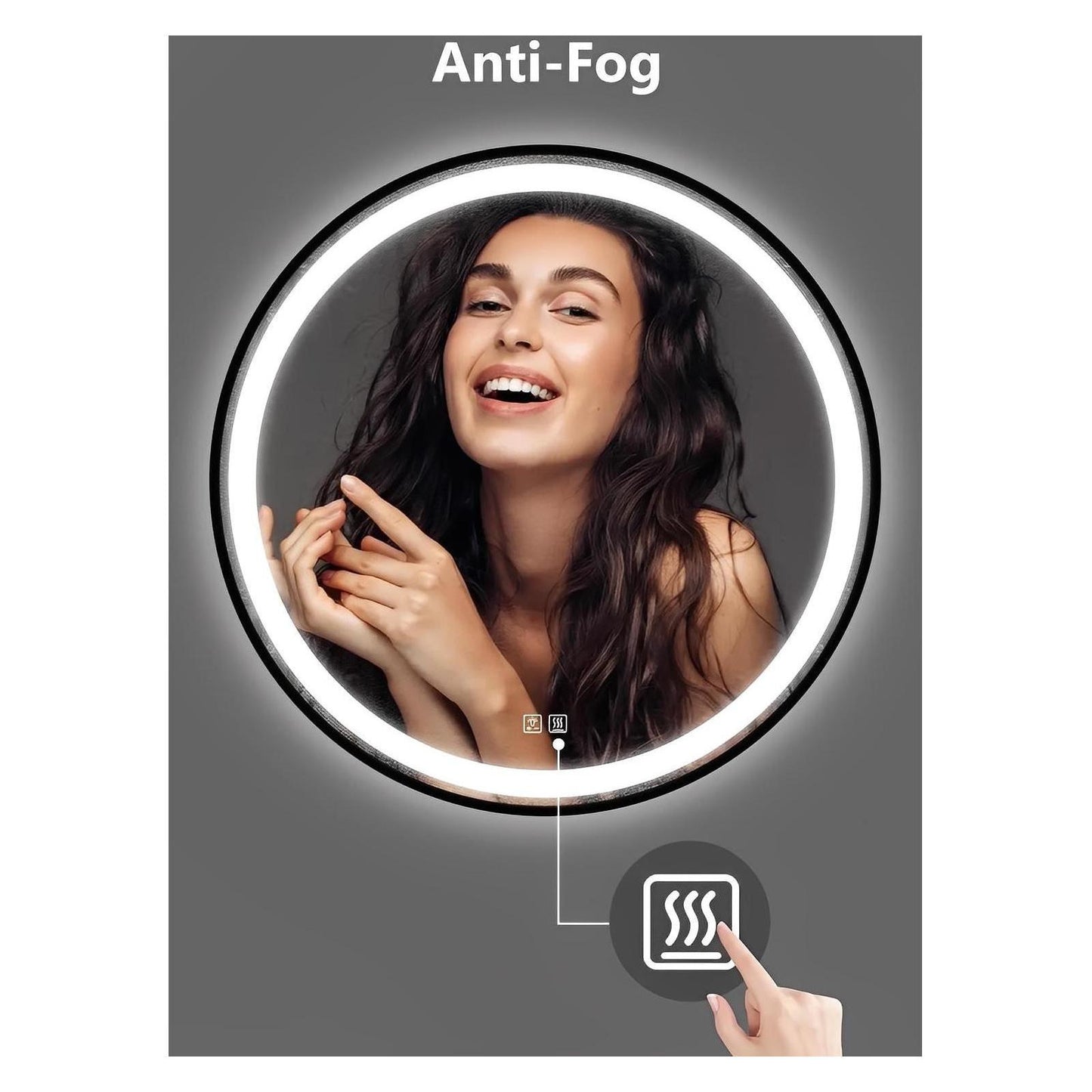Framed Round LED Bathroom Vanity Mirror - Adjustable Brightness and Color Temperature - Anti-Fog