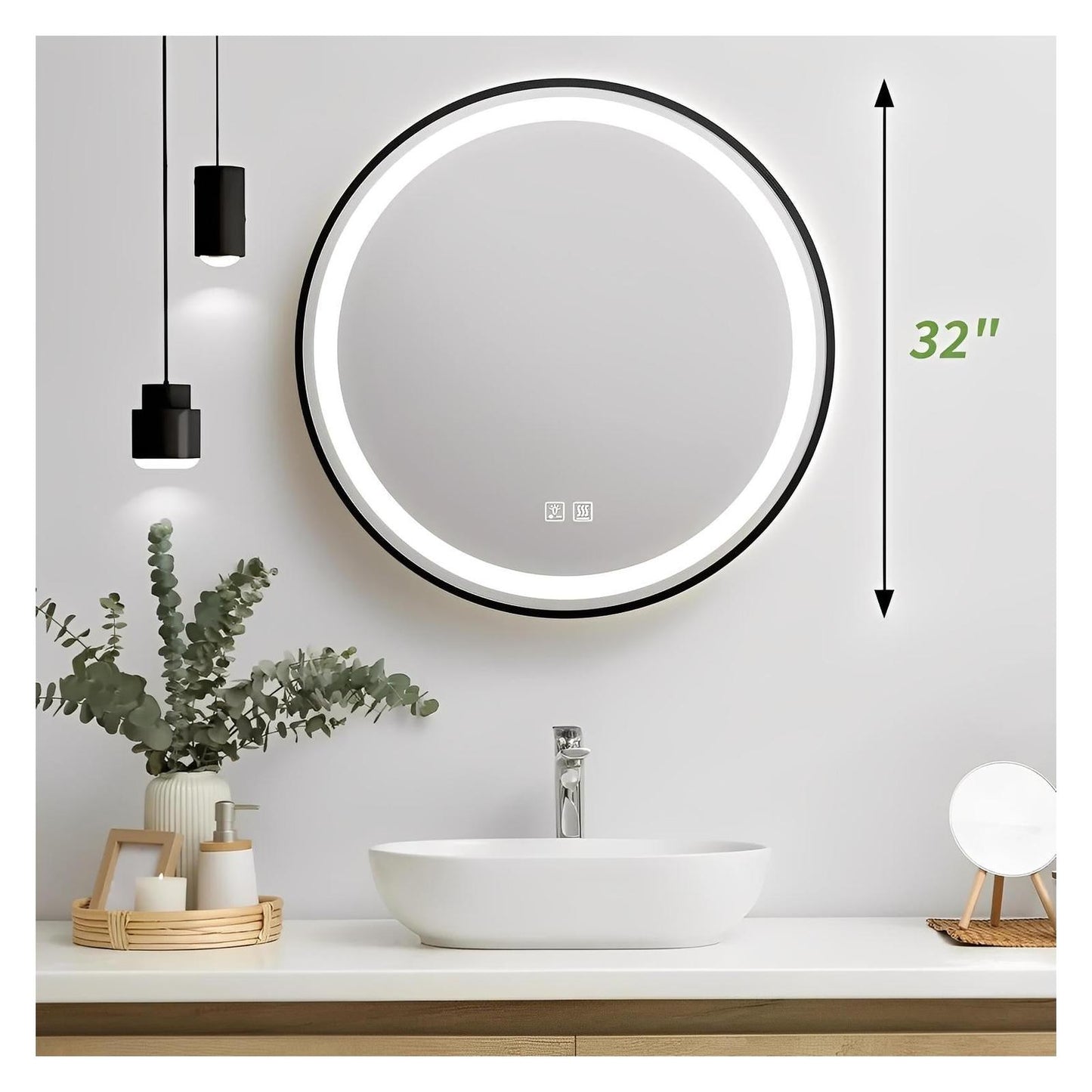 Framed Round LED Bathroom Vanity Mirror - Adjustable Brightness and Color Temperature - Anti-Fog