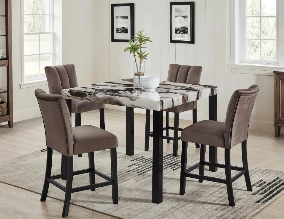 Chic Faux Marble Counter Height Table and 4 Upholstered Chairs | 5-Piece Set | Black, White, Cream, Brown, Beige, Tan