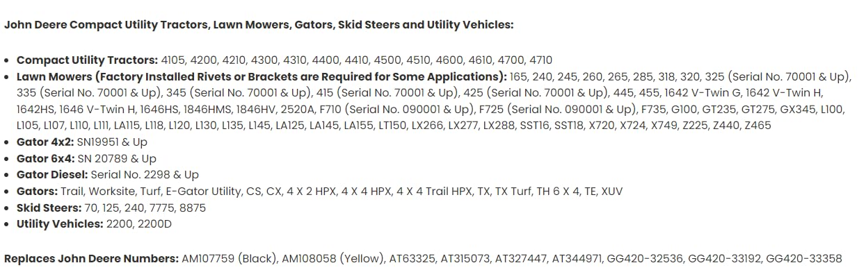 Gator Seat Compatible with John Deere Gator 4x2: SN19951 & Up; Gator 6x4: SN 20789 & Up; Gator Diesel: Serial No. 2298 & Up; 18.9" H; Yellow; 143000YE