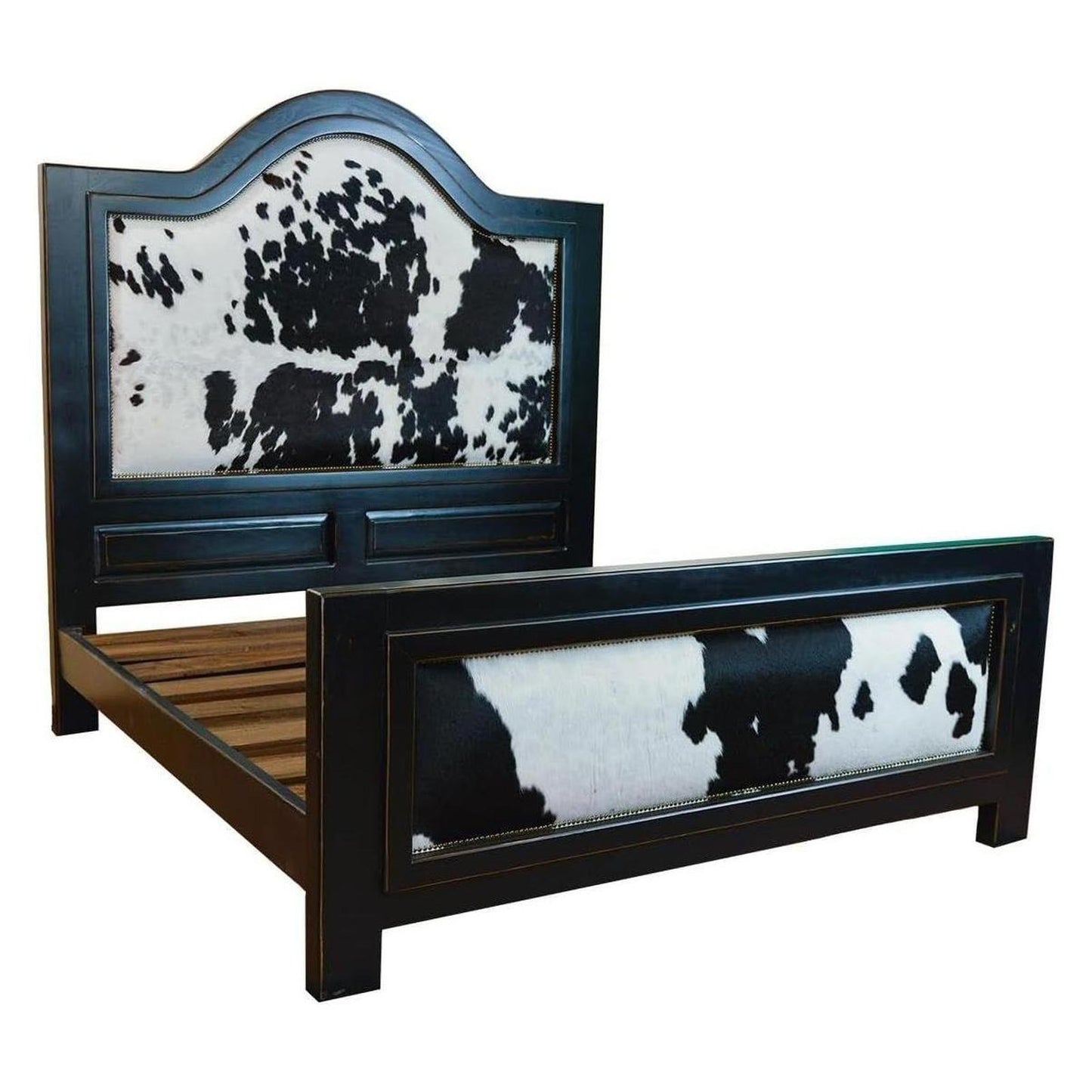 Pioneer Trail Bed with Black & White Genuine Cowhide Inlays in the Footboard and Tall Headboard | Handcrafted | Bed Only | Delivery & Assembly are Included