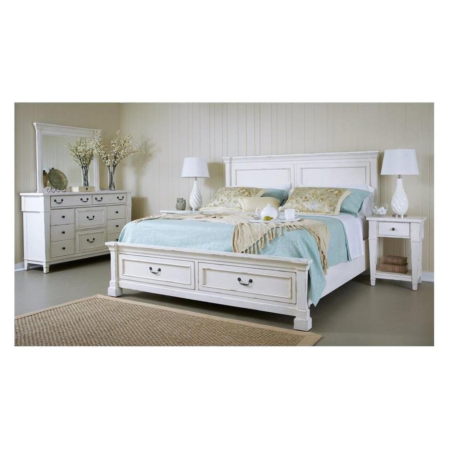 Stoney Creek Complete Platform Bed with Storage; Antique White; includes: Headboard, Footboard, Rails