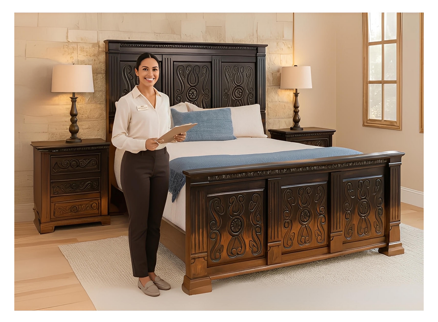 Coyote Canyon Rustic Bed Frame In Dark Carved Wood That Blends to Natural - Optional Nightstands - Includes Full Service Delivery