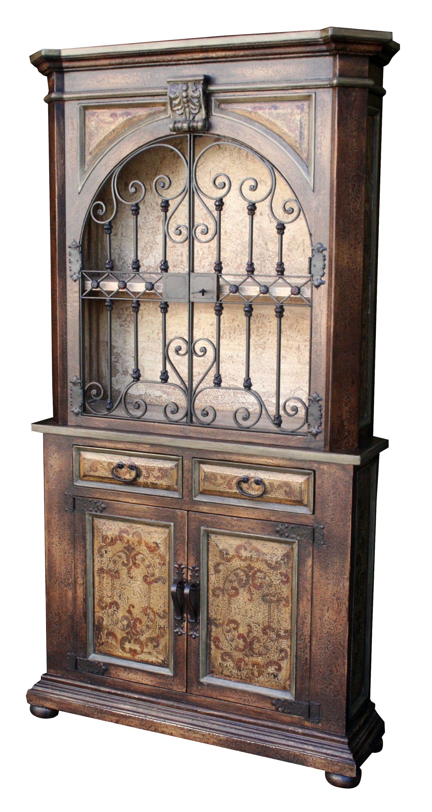 Auray Armoire, Antique Brown, With Ornate Arched Glass Doors And Wrought Iron Grille