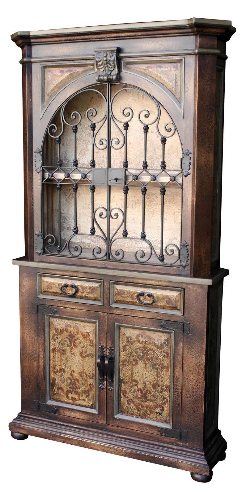Auray Armoire, Antique Brown, With Ornate Arched Glass Doors And Wrought Iron Grille