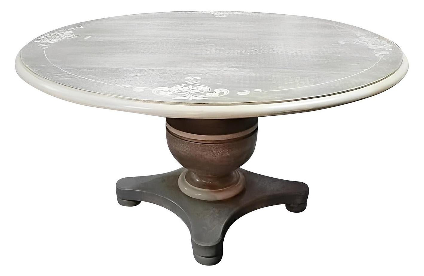 Châtillon-sur-Seine Dining Table - Round, Weathered Gray, Hand Painted Floral Edge