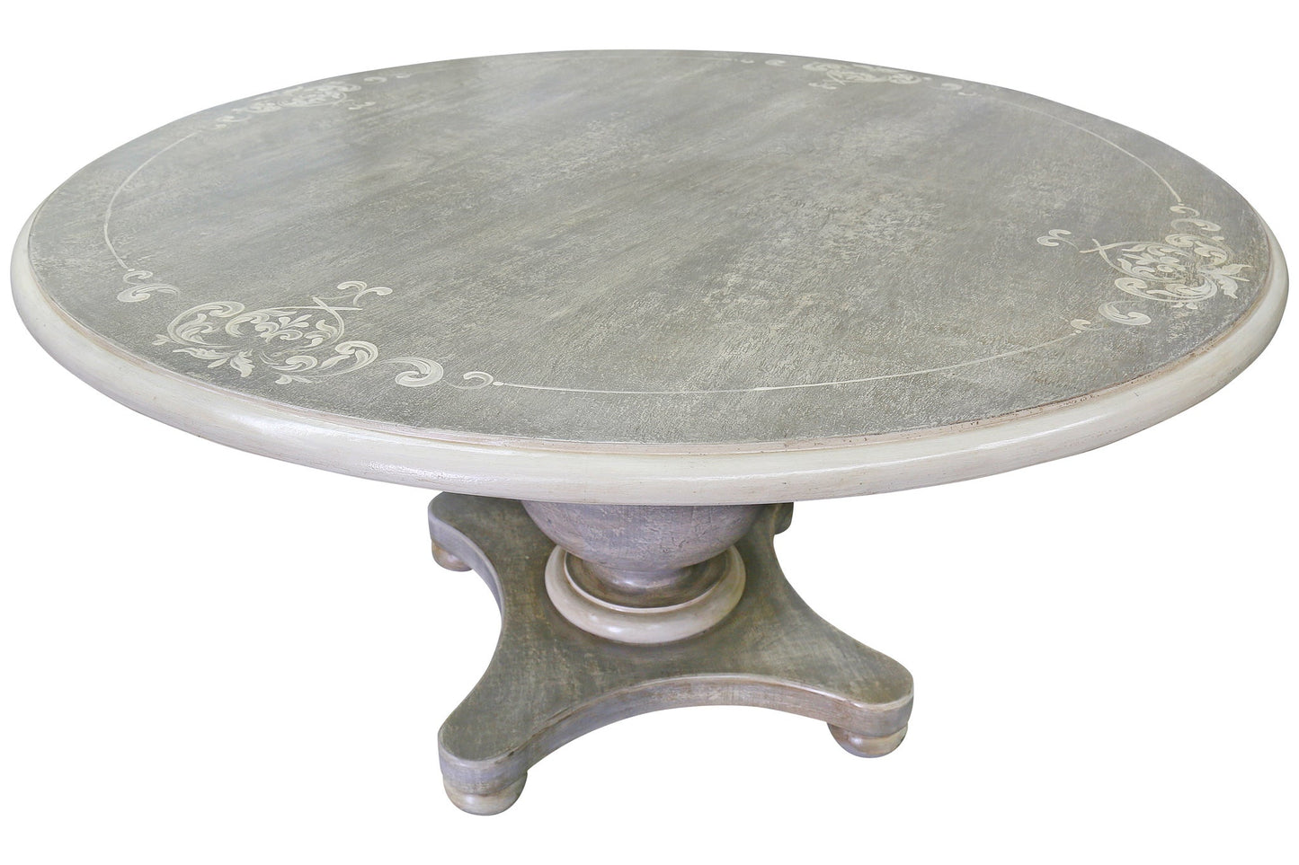 Châtillon-sur-Seine Dining Table - Round, Weathered Gray, Hand Painted Floral Edge