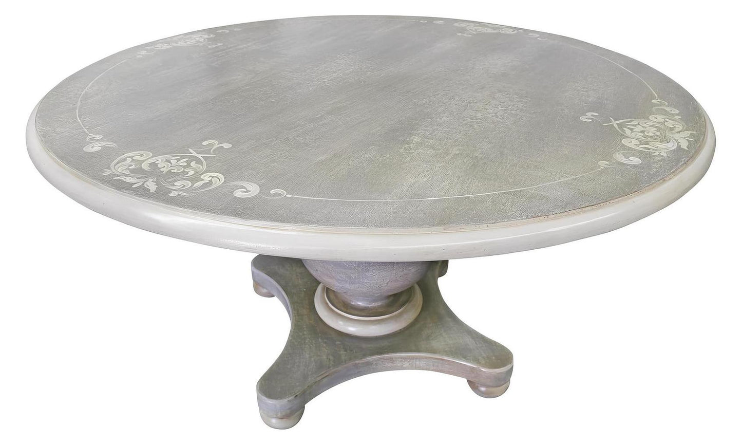 Châtillon-sur-Seine Dining Table - Round, Weathered Gray, Hand Painted Floral Edge