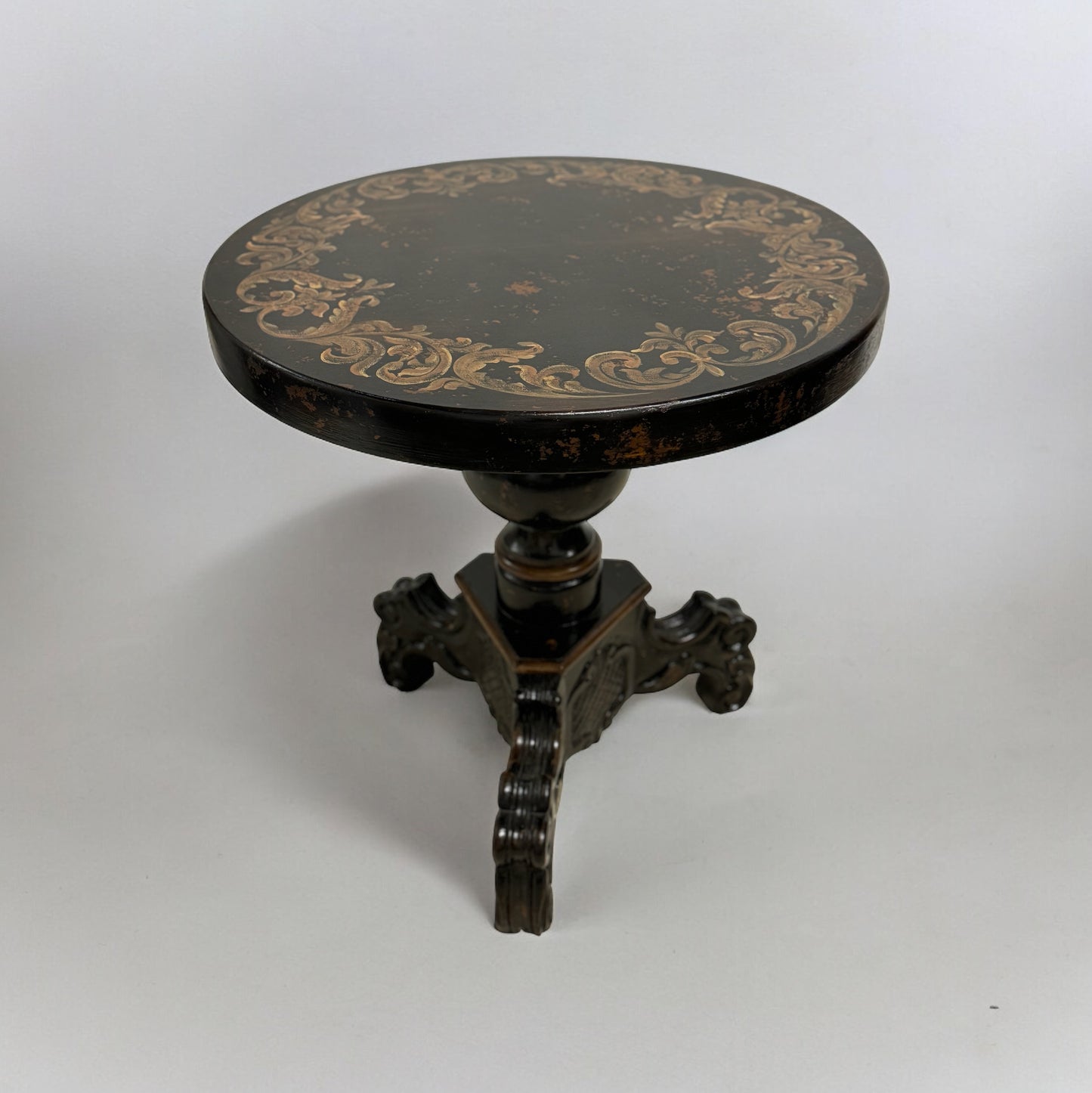 Saintes Round Counter Height Table, Black with Gold Scroll Edge, Ornate Pedestal Base