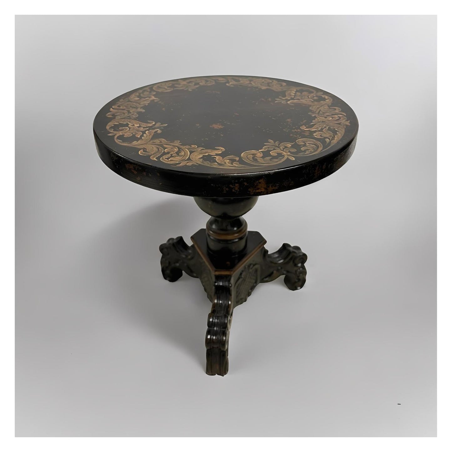 Saintes Round Counter Height Table, Black with Gold Scroll Edge, Ornate Pedestal Base