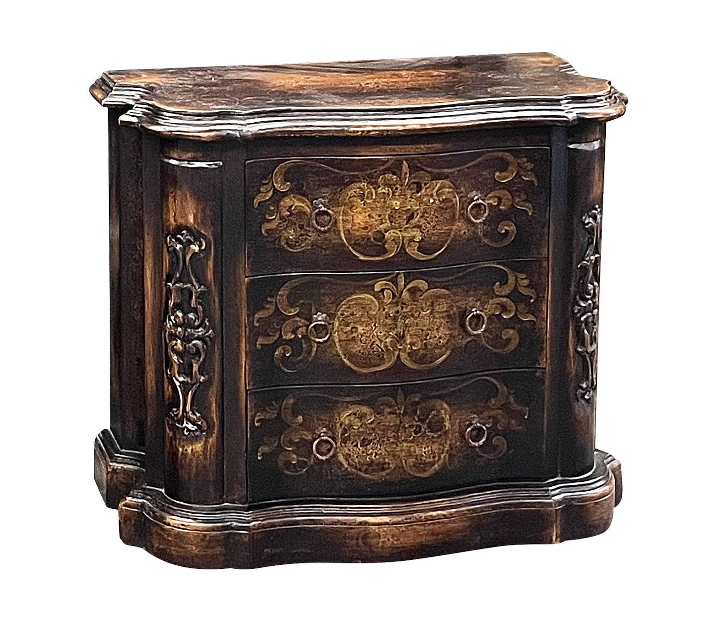 Guéthary Nightstands (2-Pack), Dark Antique Black, Bombe Front With Ornate Brass Hardware
