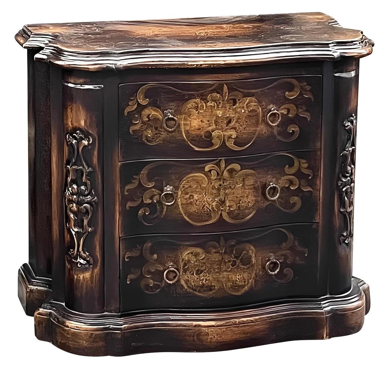 Guéthary Nightstands (2-Pack), Dark Antique Black, Bombe Front With Ornate Brass Hardware