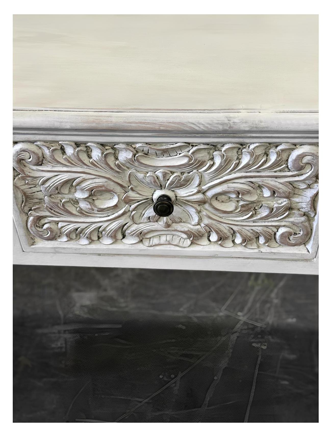 Saint-Léon Console Table, Whitewashed Distressed Finish, Three Ornate Carved Drawers