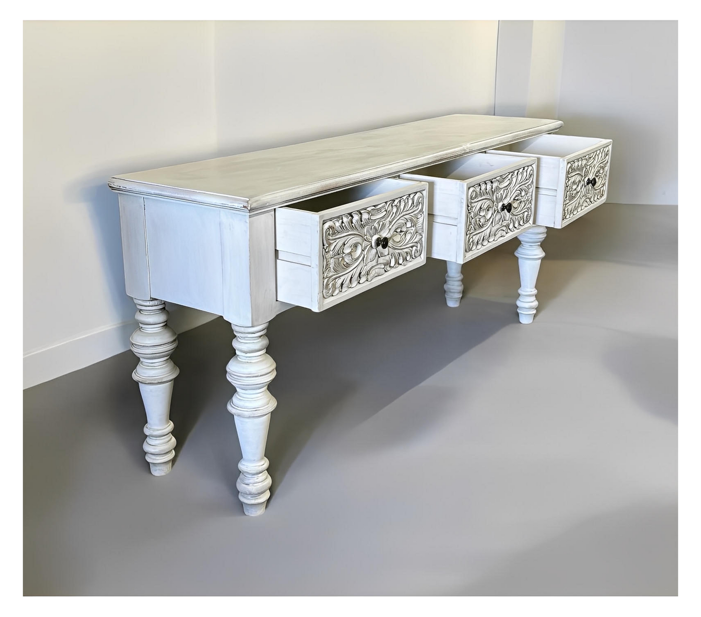 Saint-Léon Console Table, Whitewashed Distressed Finish, Three Ornate Carved Drawers