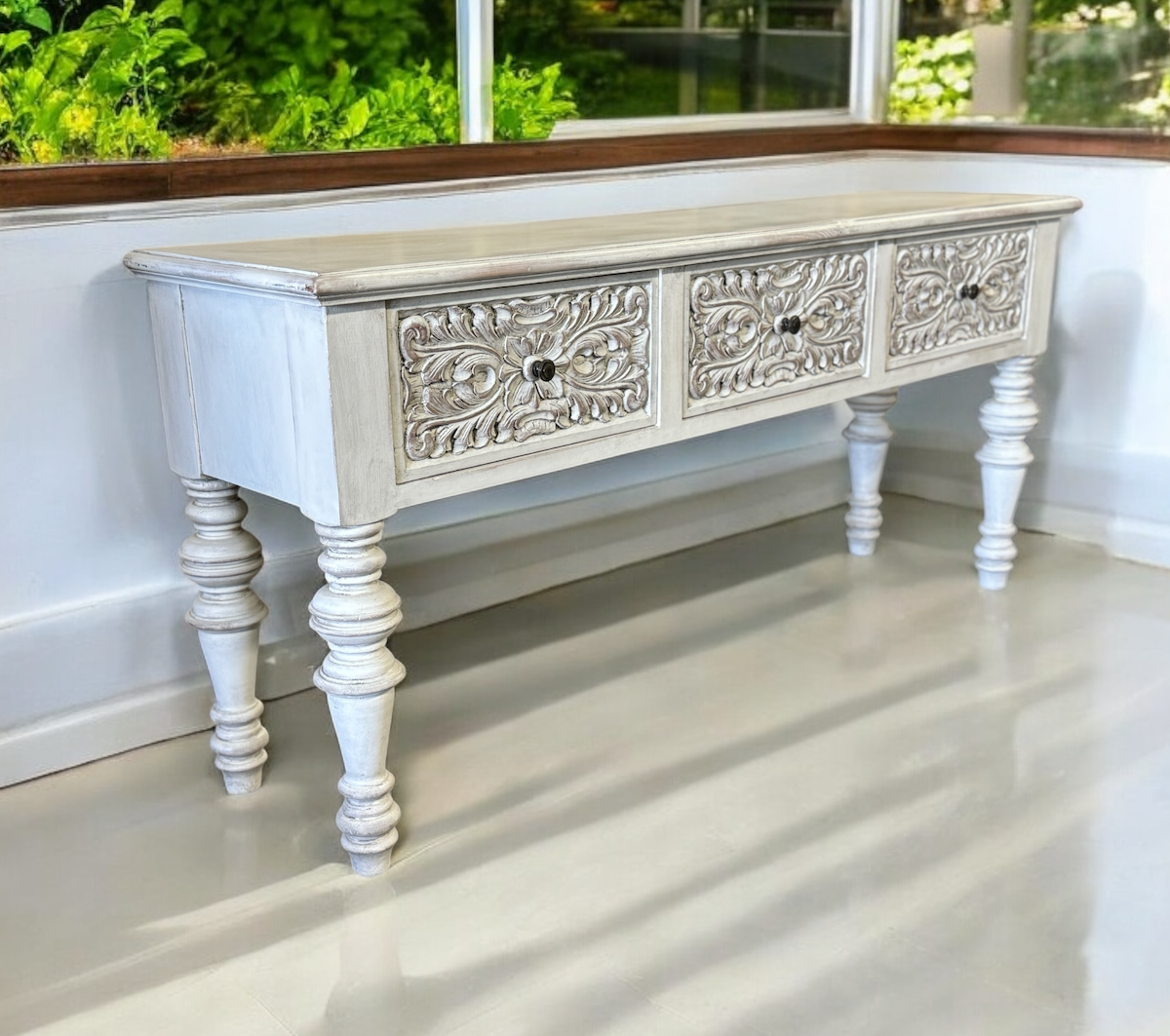 Saint-Léon Console Table, Whitewashed Distressed Finish, Three Ornate Carved Drawers