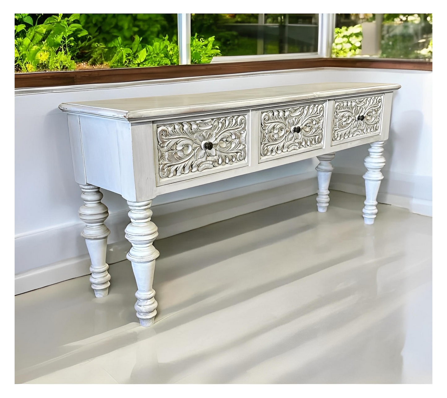 Saint-Léon Console Table, Whitewashed Distressed Finish, Three Ornate Carved Drawers