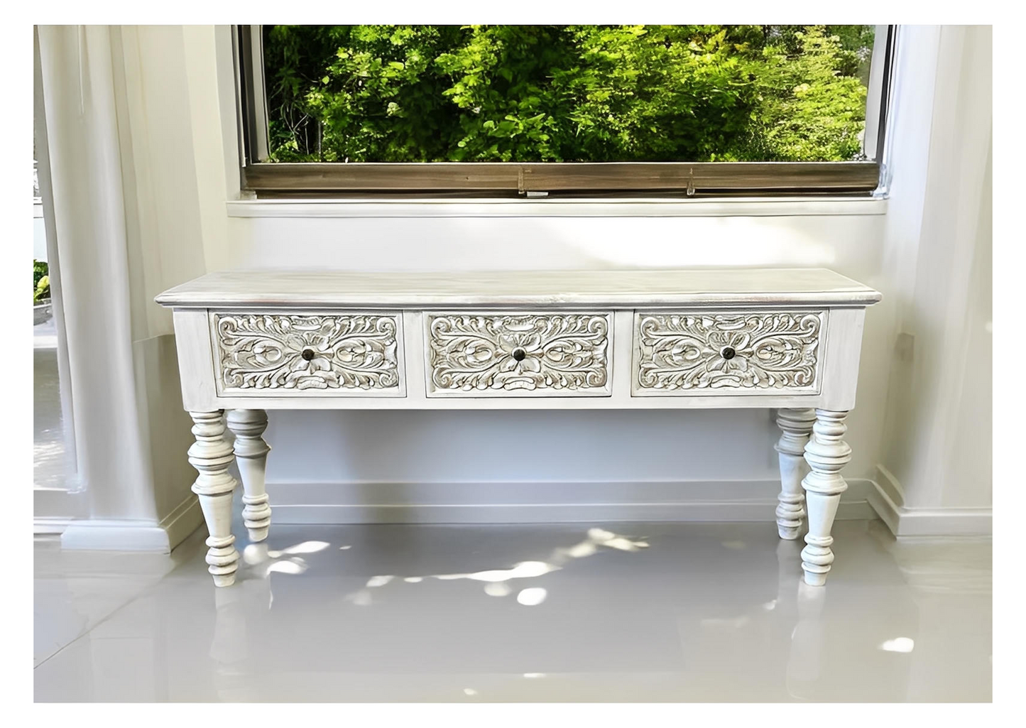 Saint-Léon Console Table, Whitewashed Distressed Finish, Three Ornate Carved Drawers