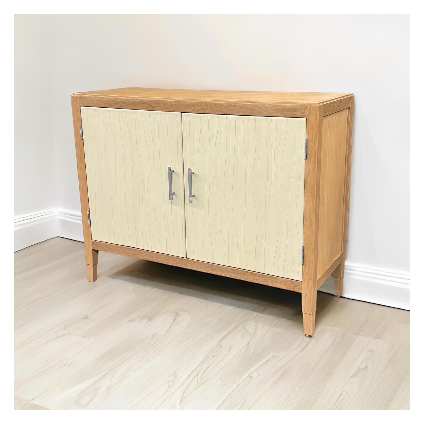 Erquy Chest, White, Storage Cabinet Featuring Textured Wave Pattern Doors and Solid Wood Trim