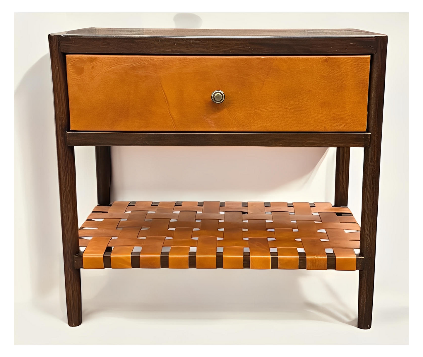 Maison Nightstands (2-Pack), Dark Espresso, Leather-Front Drawer With Woven Leather Lower Shelf