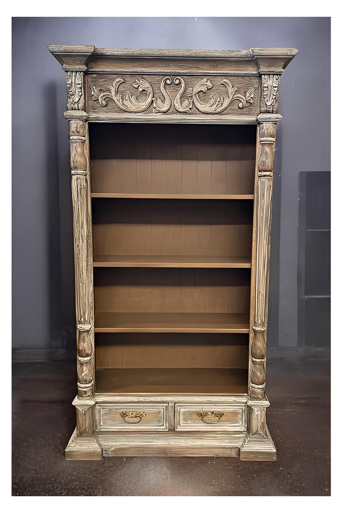 Chantilly Bookcase, Weathered Gray Finish, Ornate Carved Crest And Pillar Detailing, Two Drawers