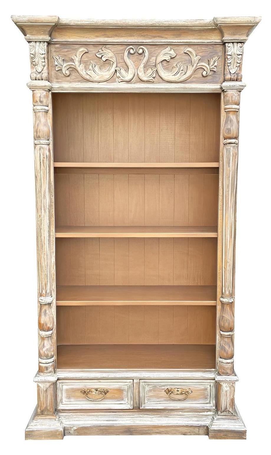 Chantilly Bookcase, Weathered Gray Finish, Ornate Carved Crest And Pillar Detailing, Two Drawers