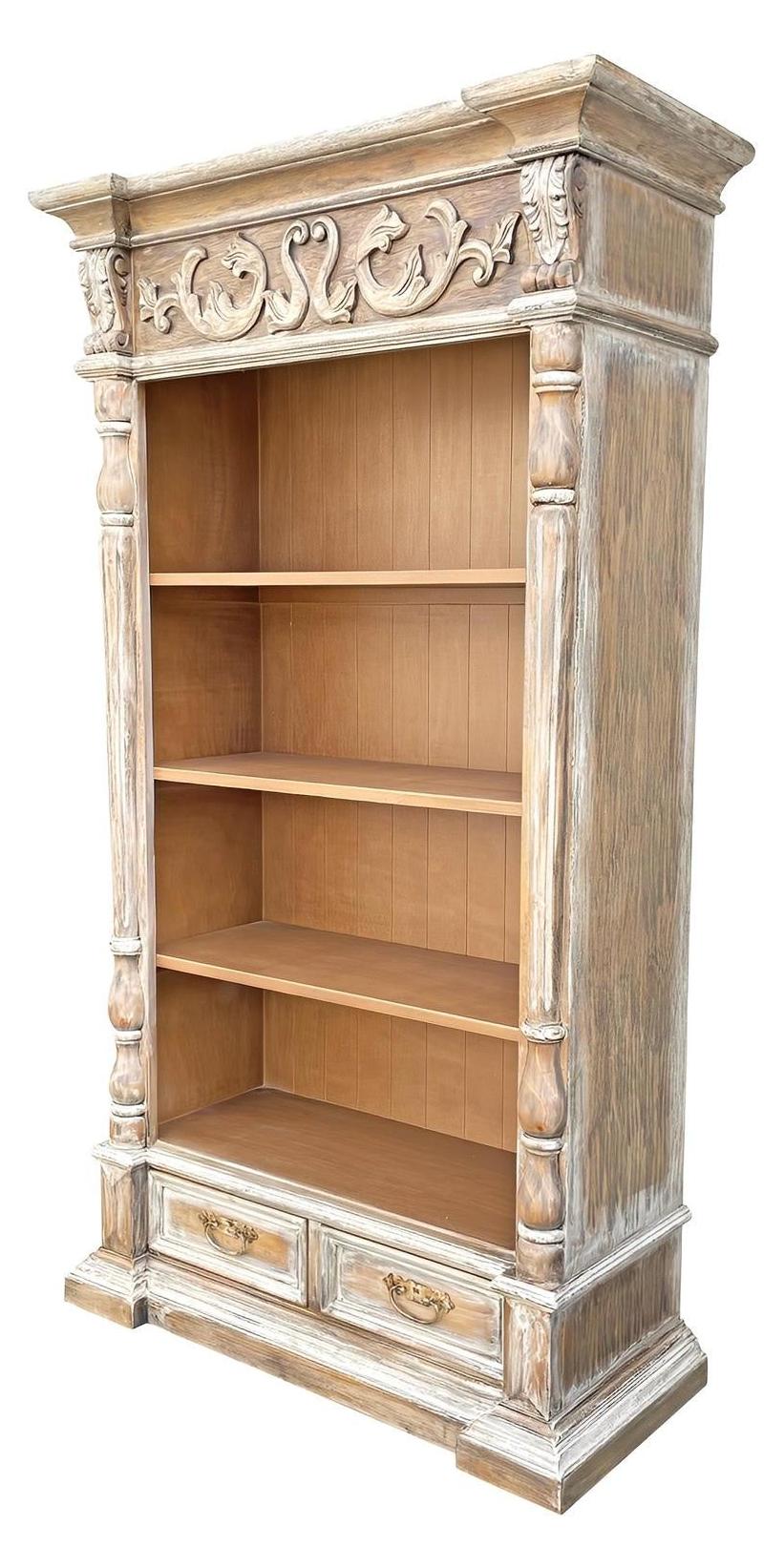 Chantilly Bookcase, Weathered Gray Finish, Ornate Carved Crest And Pillar Detailing, Two Drawers