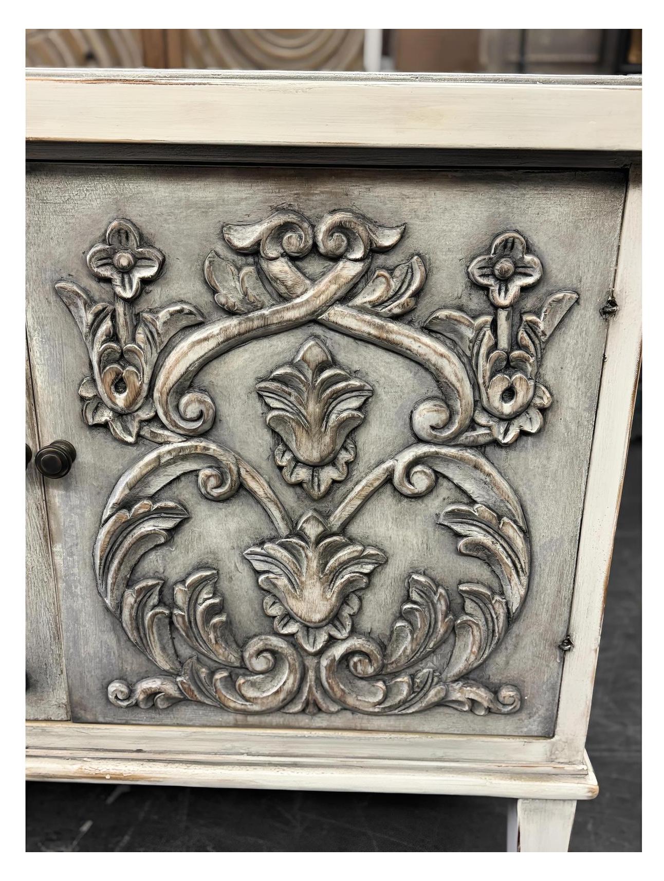 Dole Buffet Table, Distressed White And Gray, Ornate Hand Carved Front Panels With Cabinet Doors