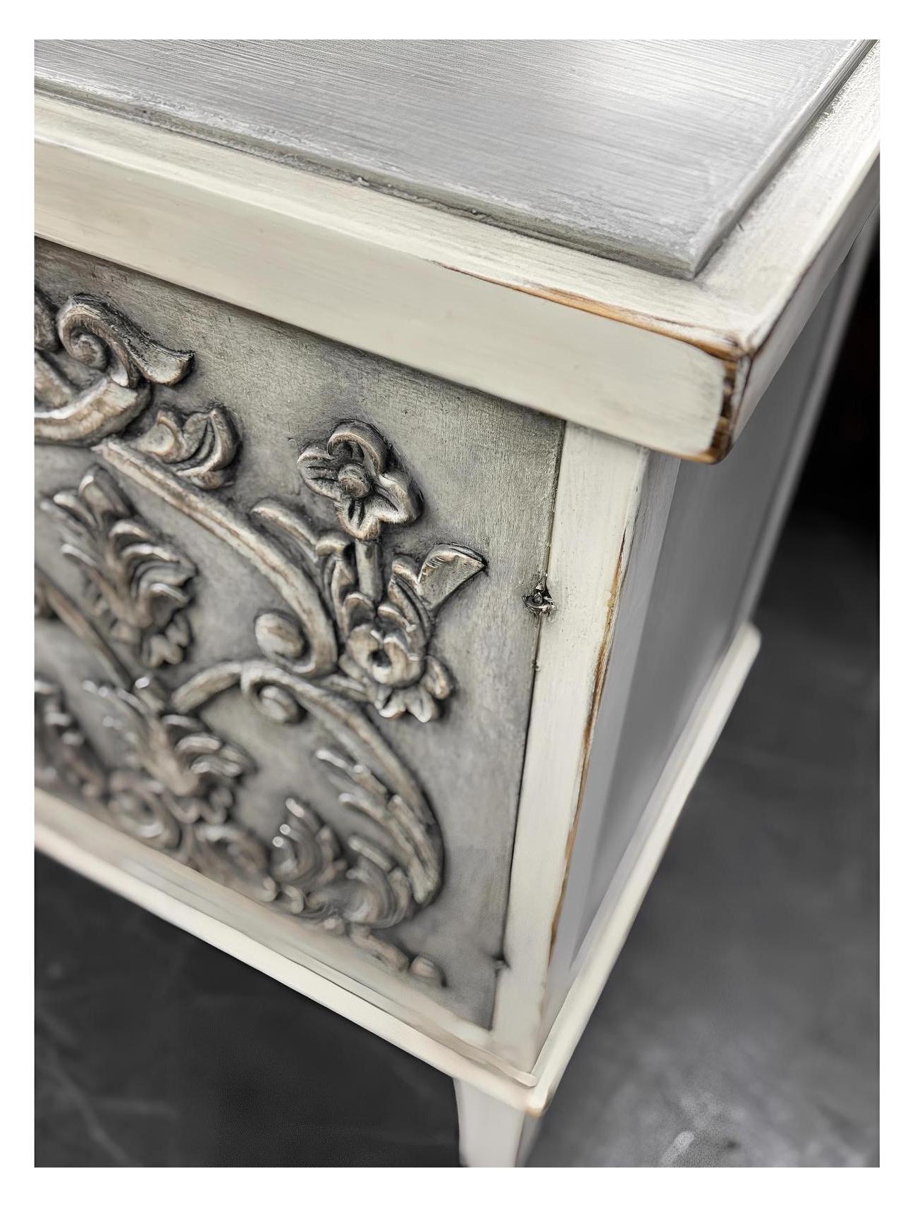 Dole Buffet Table, Distressed White And Gray, Ornate Hand Carved Front Panels With Cabinet Doors