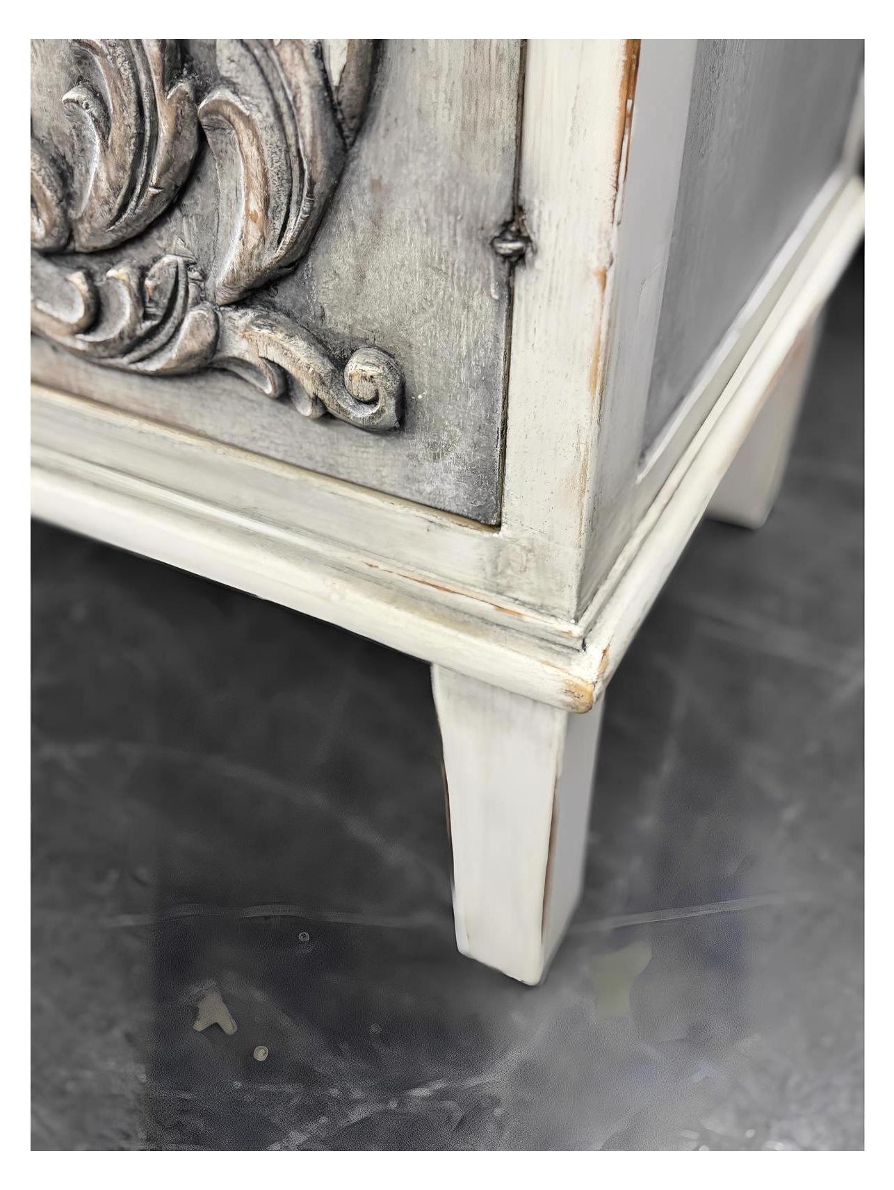 Dole Buffet Table, Distressed White And Gray, Ornate Hand Carved Front Panels With Cabinet Doors