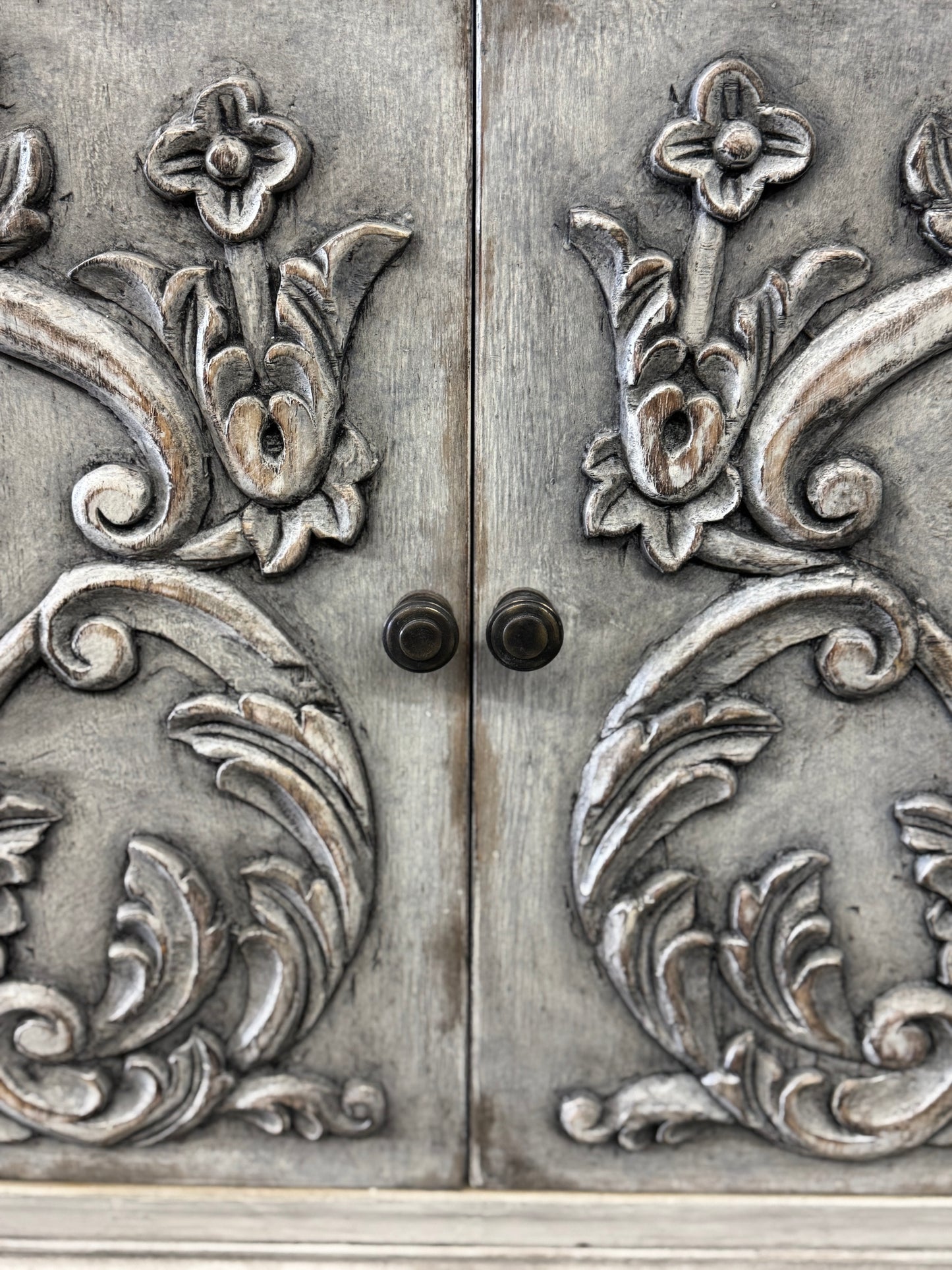 Dole Buffet Table, Distressed White And Gray, Ornate Hand Carved Front Panels With Cabinet Doors