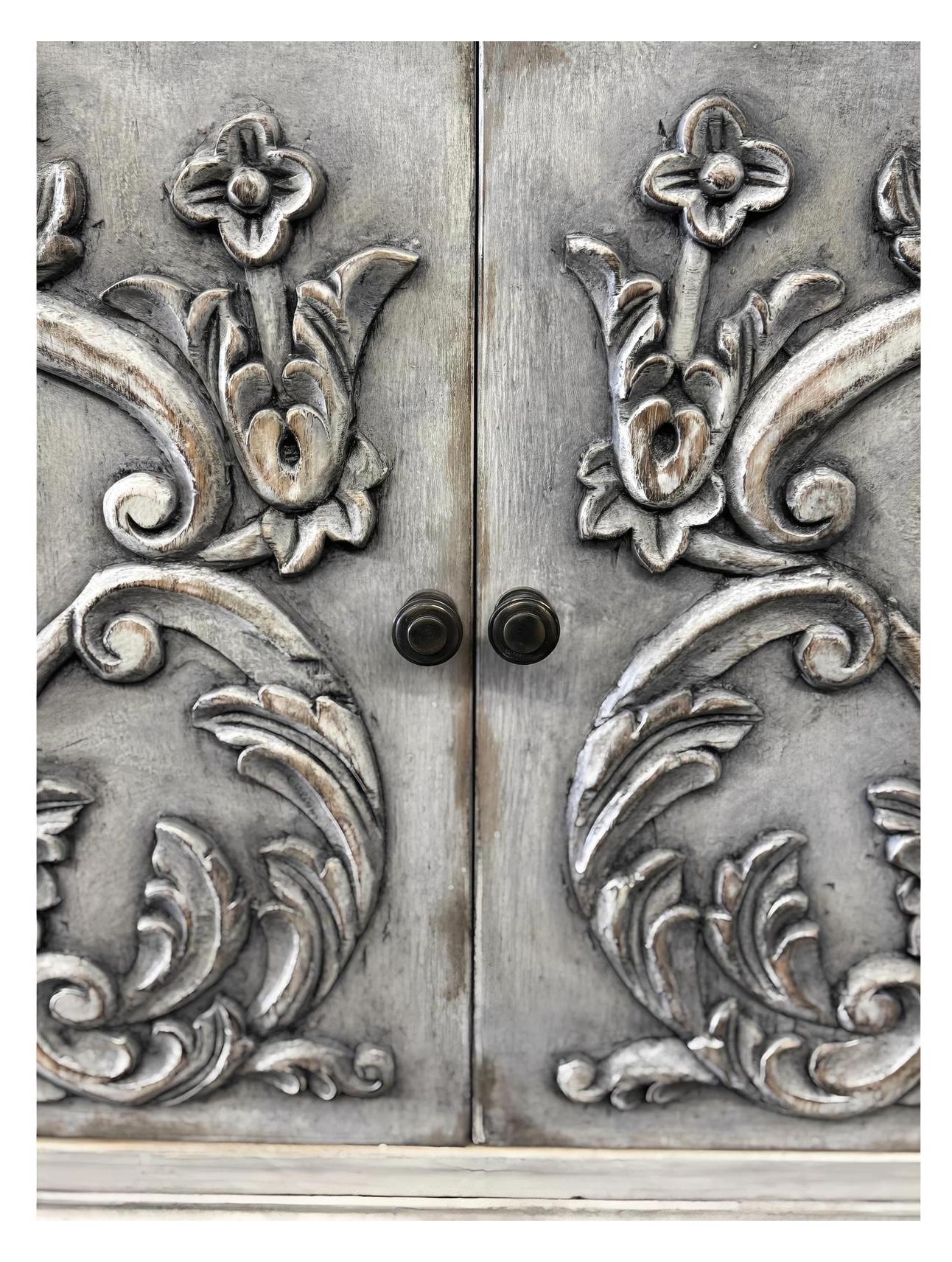 Dole Buffet Table, Distressed White And Gray, Ornate Hand Carved Front Panels With Cabinet Doors