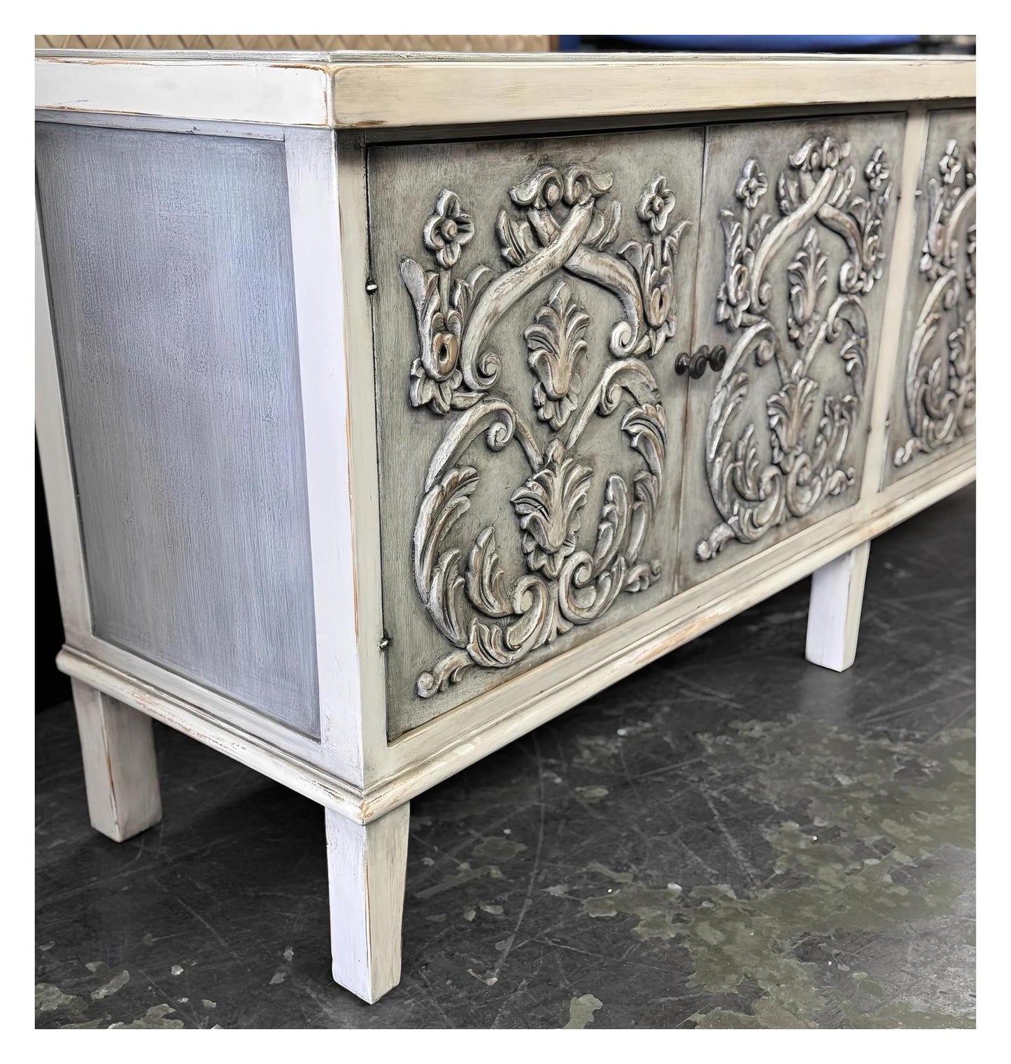 Dole Buffet Table, Distressed White And Gray, Ornate Hand Carved Front Panels With Cabinet Doors